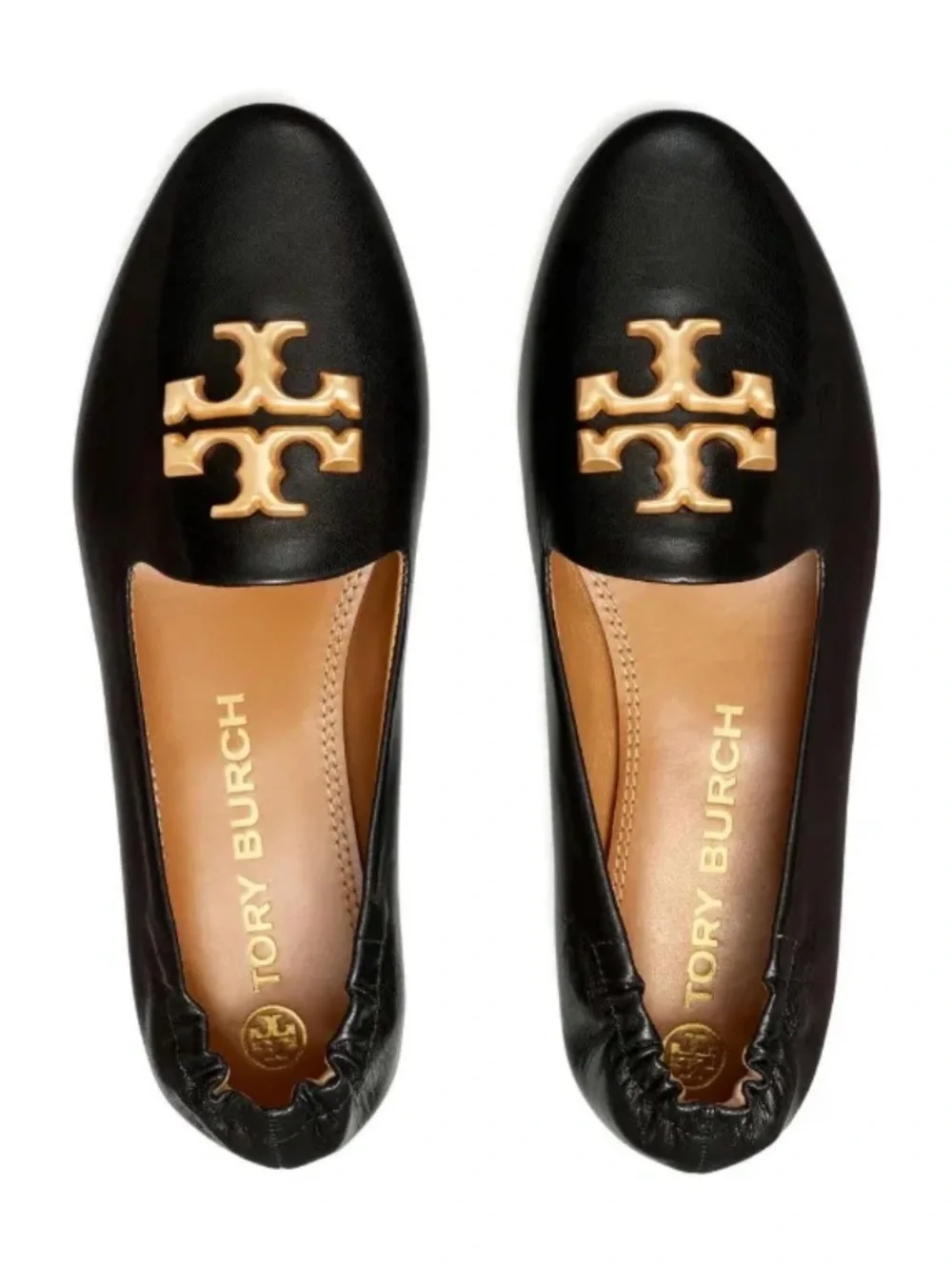 Tory Burch Eleanor Loafers Black Leather Pointed Loafers with Gold Logo Sz 9